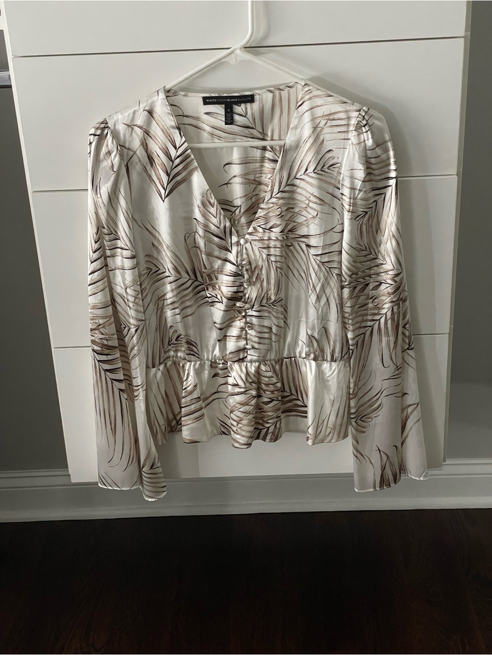 White Satin V-Neck Blouse with Brown Leaf Print